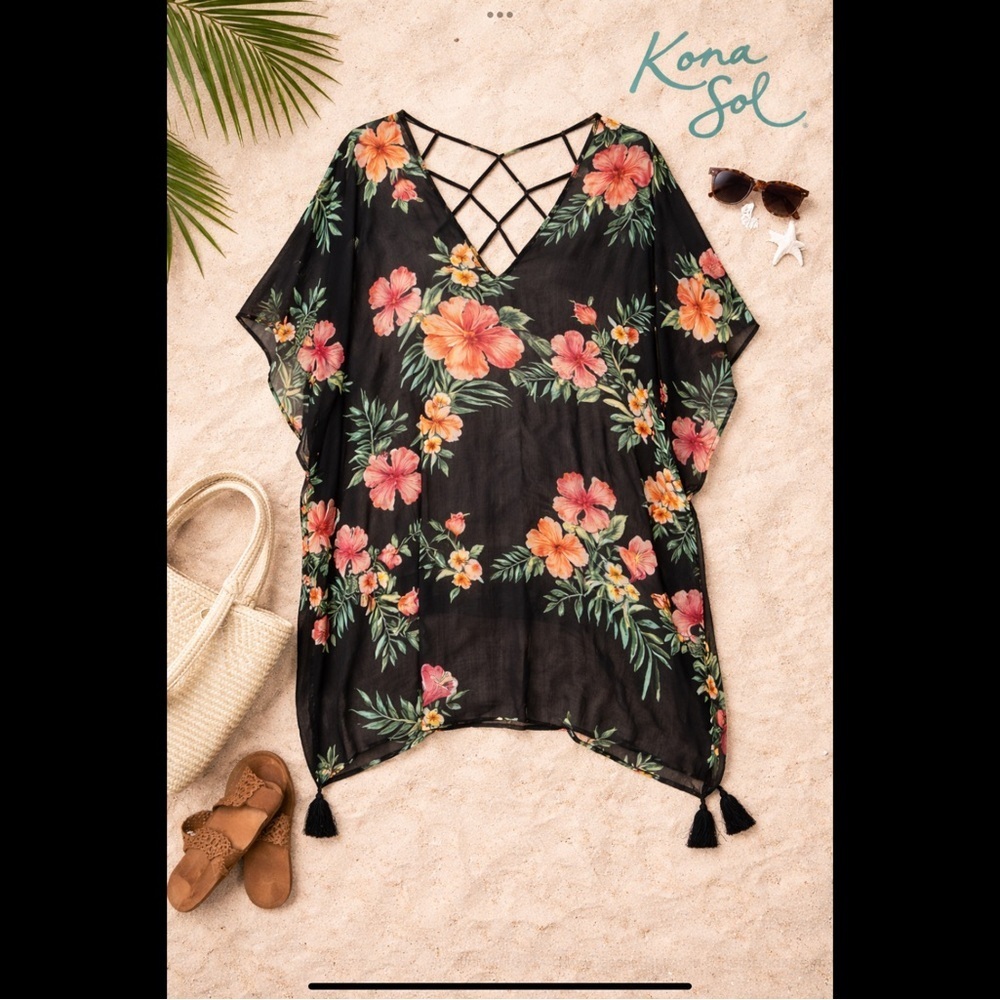 Beach Vacation Target Kona Sol Tropical Floral Swim Cover Up Kaftan Tassel M